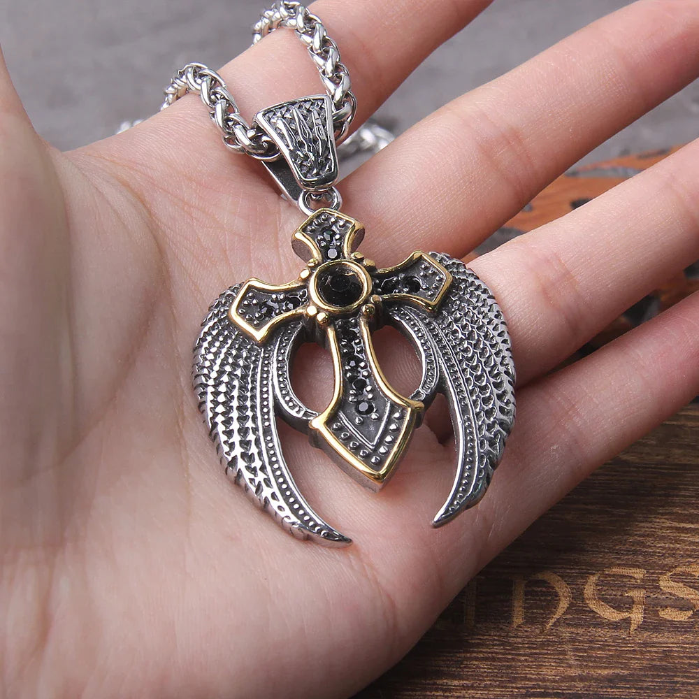 Gold Plated Cross And Silver Wings With Black Stone Pendant Viking Necklace