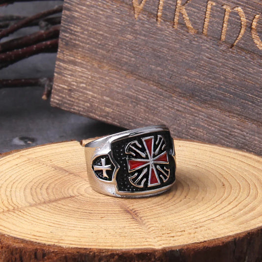 Red Cross Inlaid Cubic Zirconia Domineering Knights Templar Viking Ring