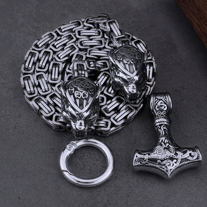 Viking Bear Claw Wolf Head Necklace Stainless Steel Thor's Hammer