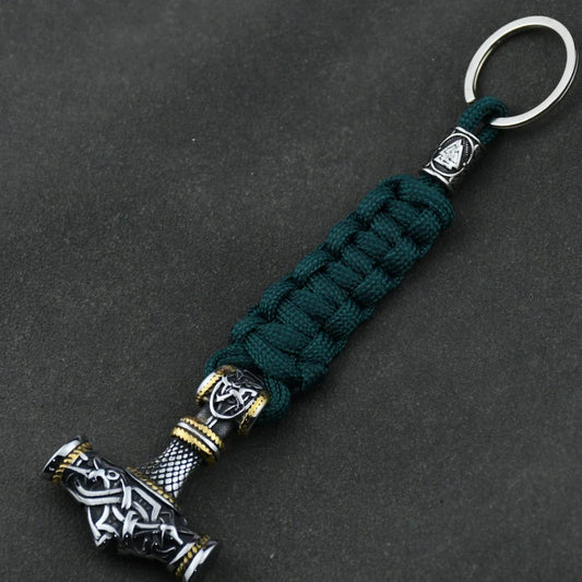 Thor's Hammer Vikings Keychain Rune Braided Lanyard Stainless Steel Valknut