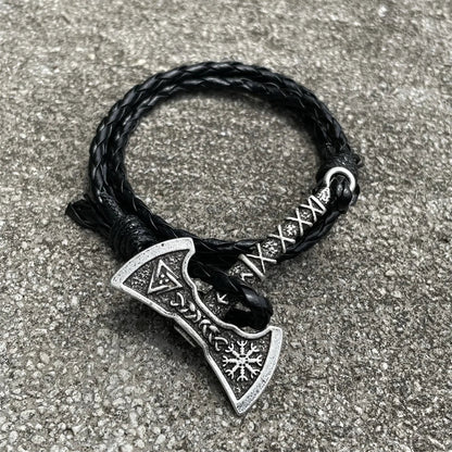 Viking Axe Charm Wolf Raven Amulet Slavic Kolovrat Norse Leather Braided Wrap Bracelet