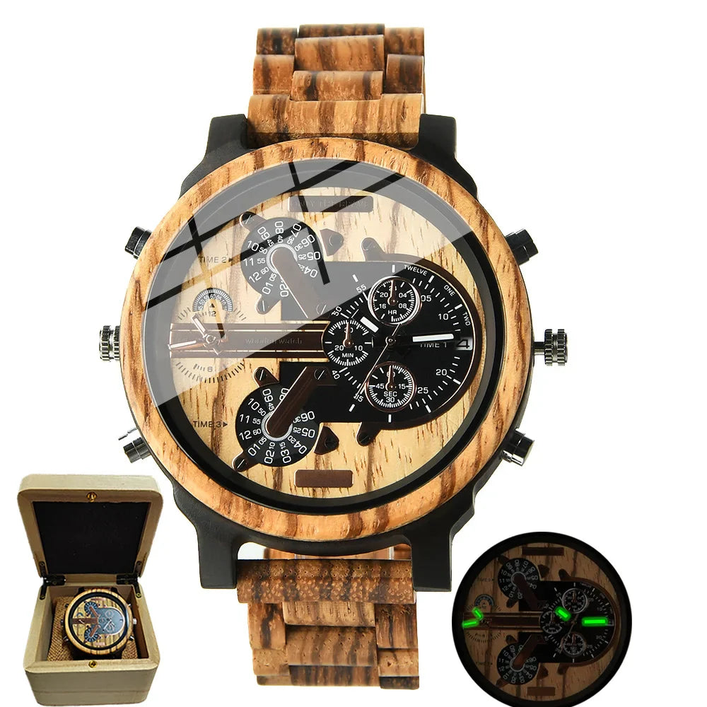 Big Face Large Wood Fashion Quartz Wristwatches Strap Dress Dual Clock Wooden Viking Watch