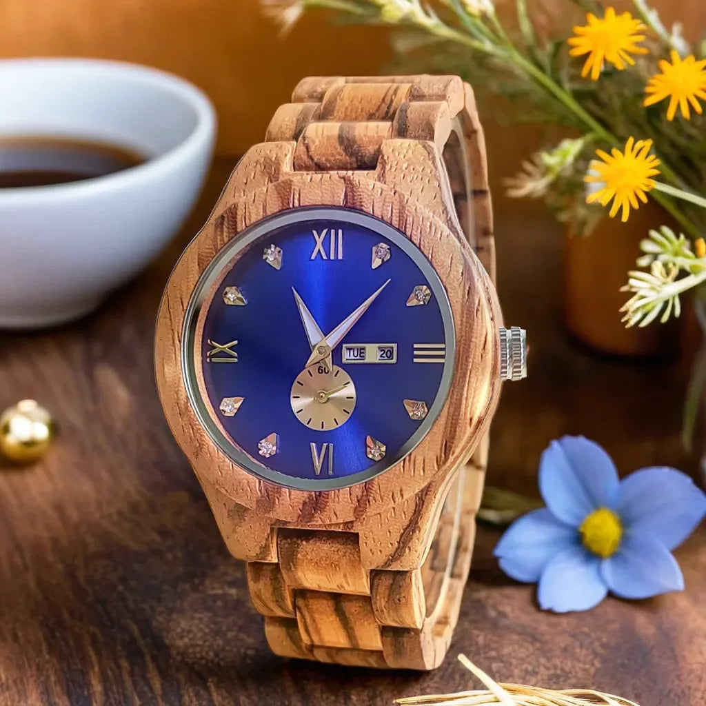 Women's Fashion Simulated Diamond Dia Clock Stylish simplicity Quartz Wooden Viking Watch