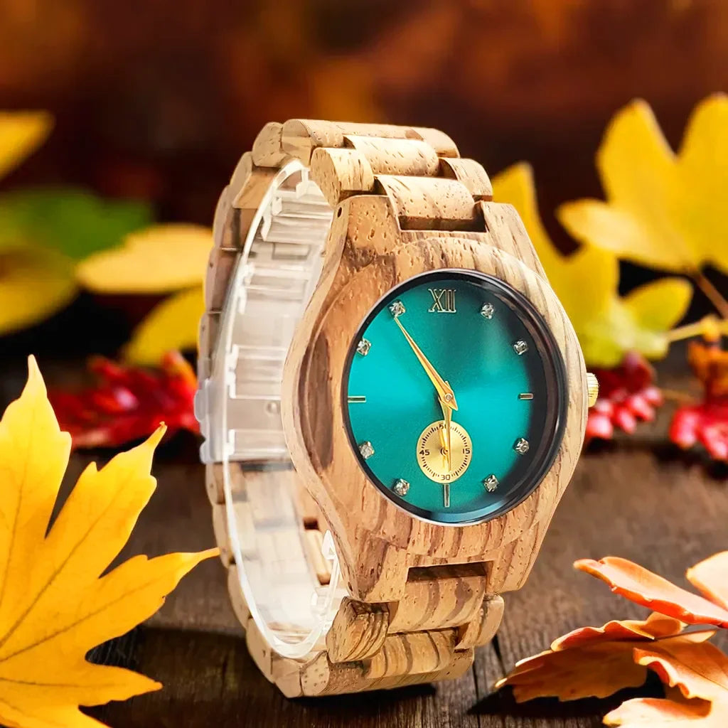 Fashion Simulated Diamond Dial Wood Bangle Timepiece Clock Women's Quartz Wristwatch Natural Wooden Bracelet Viking Watch