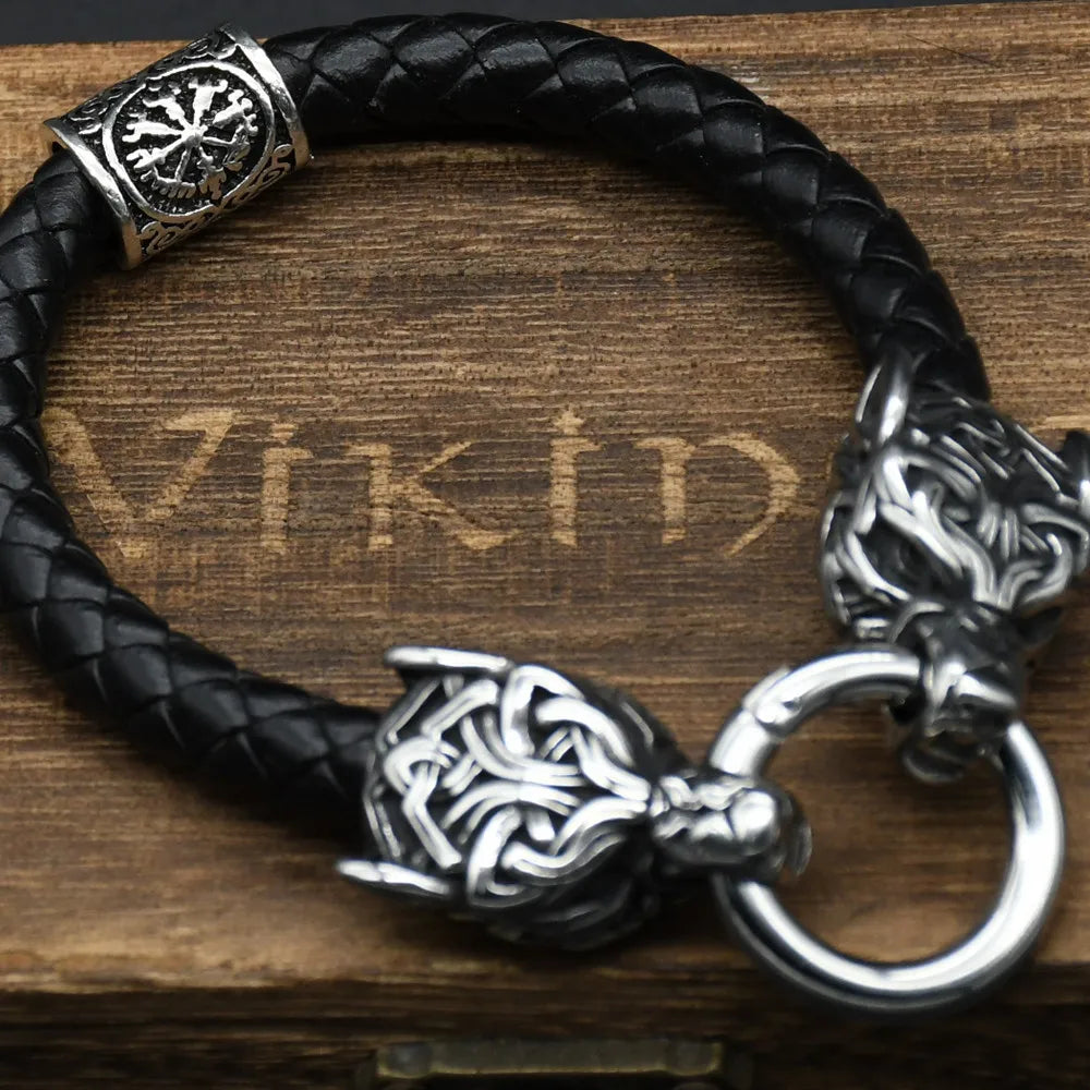 Stainless Steel Wolf Head Bracelets Viking Rune beads Leather