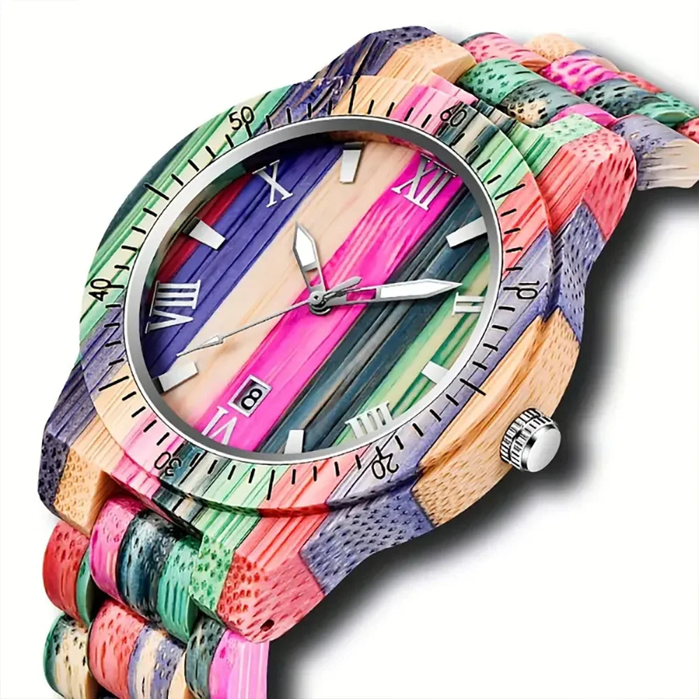 Calendar Square Dial Colorful Bamboo Natural Bracelet Wooden Viking Watch