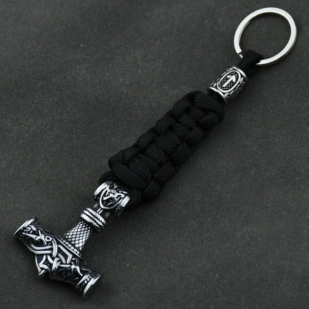 Thor's Hammer Vikings Keychain Rune Braided Lanyard Stainless Steel Valknut