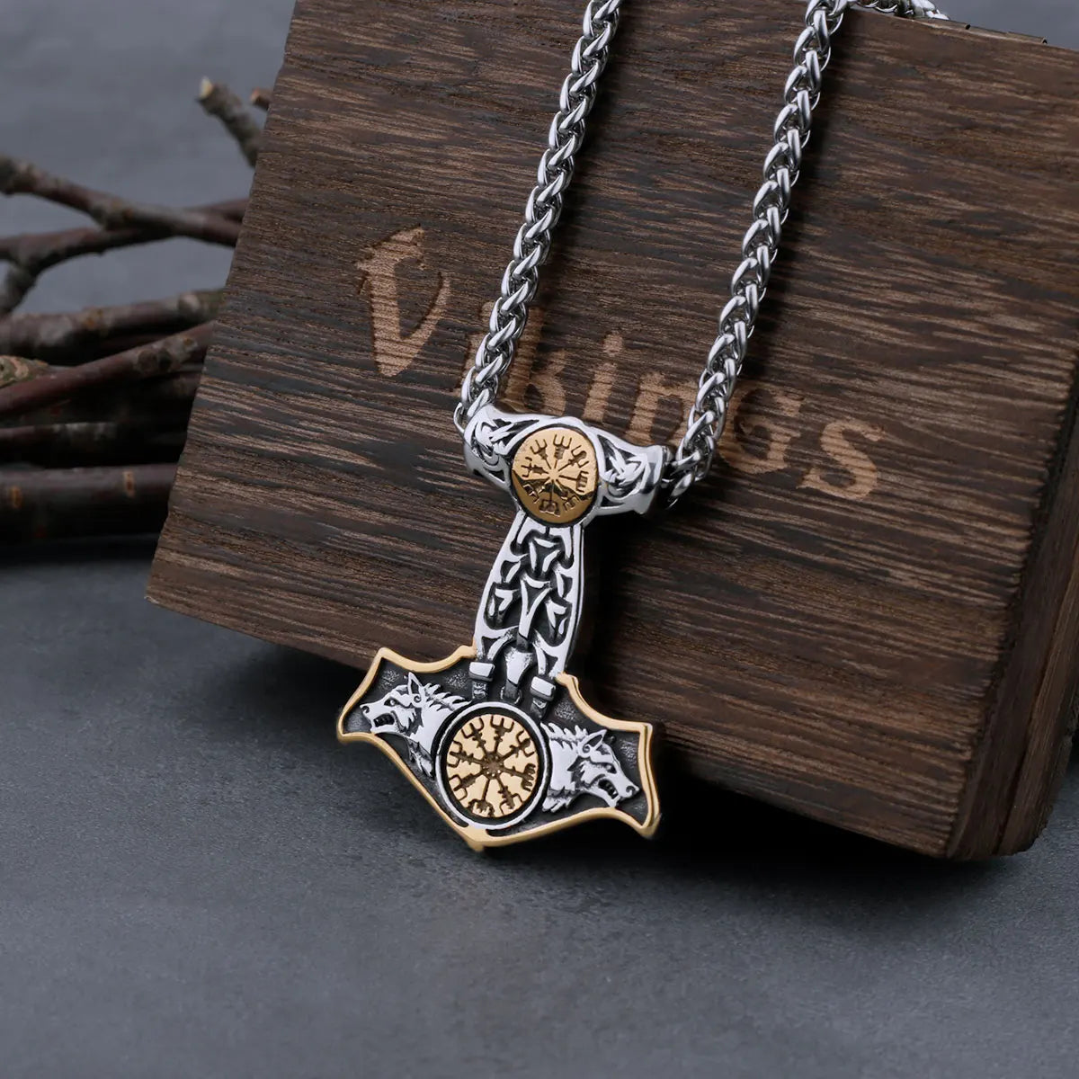 Stainless Steel Viking Thor's Hammer Mjolnir Wolf Head and Norse Rune Necklace