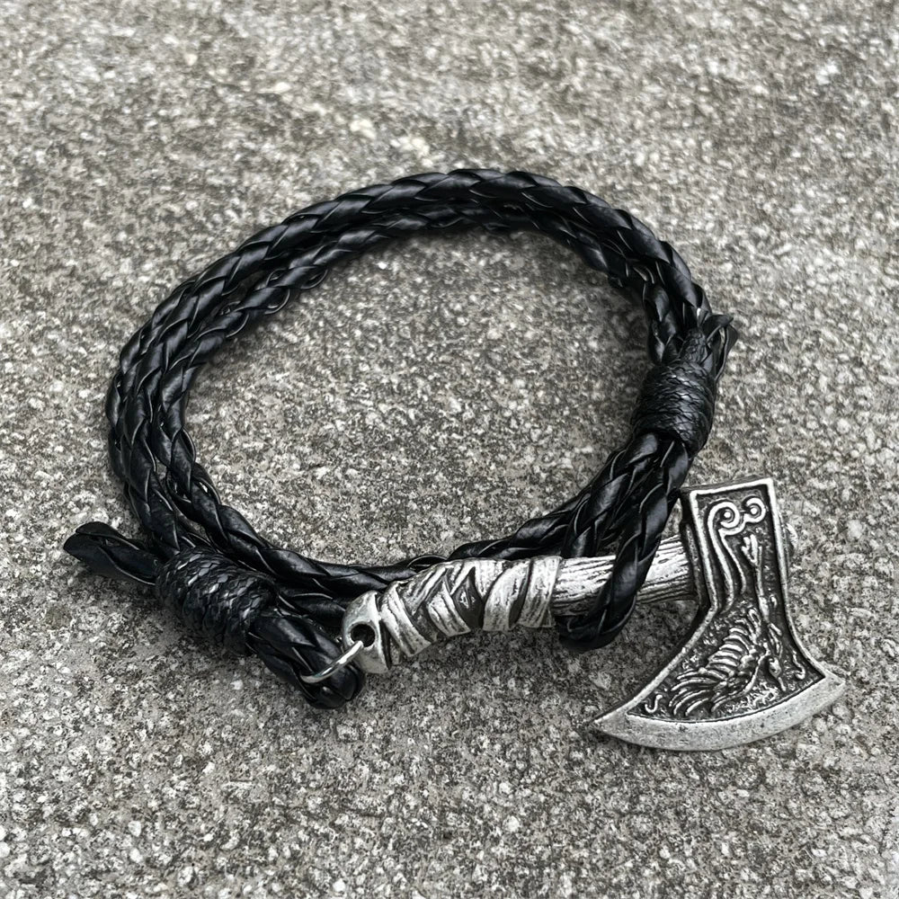 Viking Axe Charm Wolf Raven Amulet Slavic Kolovrat Norse Leather Braided Wrap Bracelet