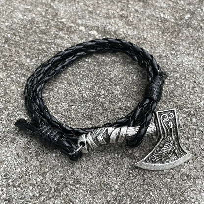 Viking Axe Charm Wolf Raven Amulet Slavic Kolovrat Norse Leather Braided Wrap Bracelet