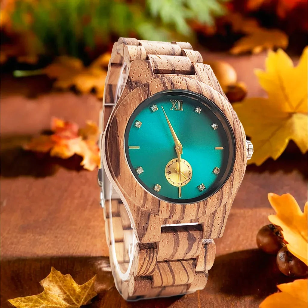 Fashion Simulated Diamond Dial Wood Bangle Timepiece Clock Women's Quartz Wristwatch Natural Wooden Bracelet Viking Watch