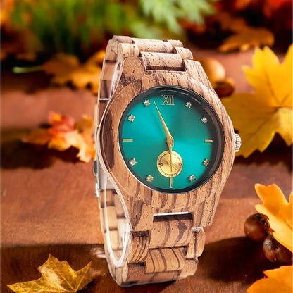 Women's Quartz Wrist Watch Wood Fashion Simulated Diamond Dial Wood Bracelet Viking Watch