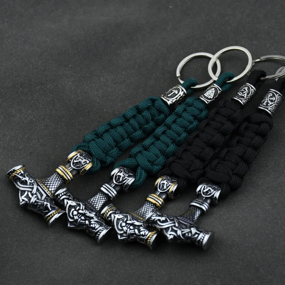 Thor's Hammer Vikings Keychain Rune Braided Lanyard Stainless Steel Valknut