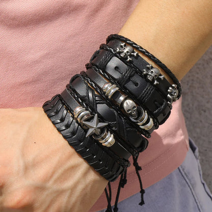 Viking Bracelet Woven Skull Jewelry Adjustable Leather