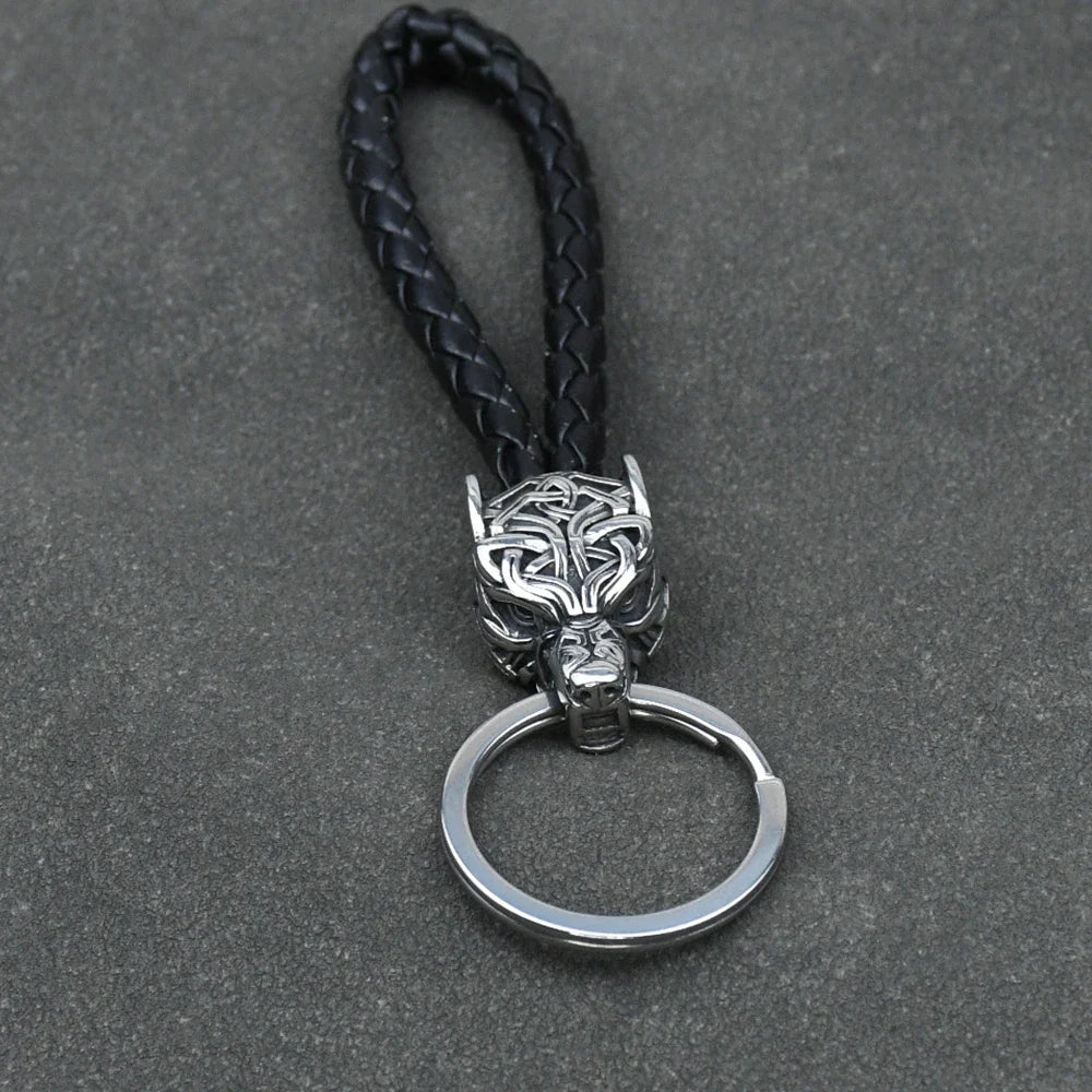 Vikings Wolf Head Stainless Steel Keyring Black leather