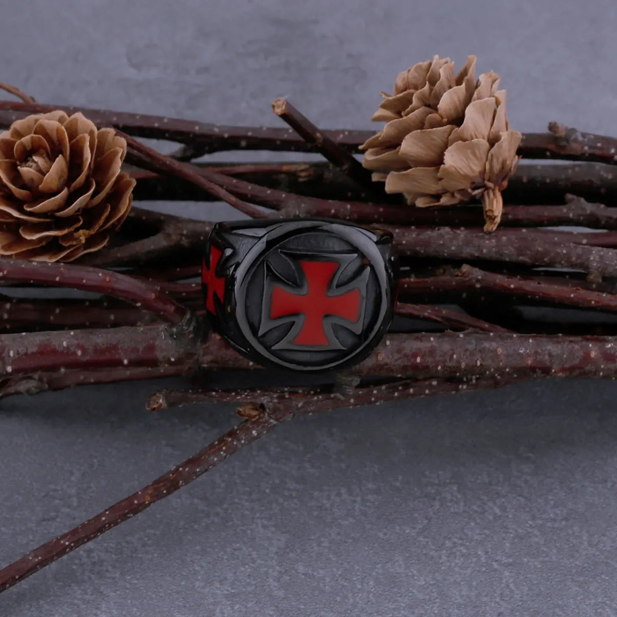 Christian Religious Red Cross Black Viking Ring