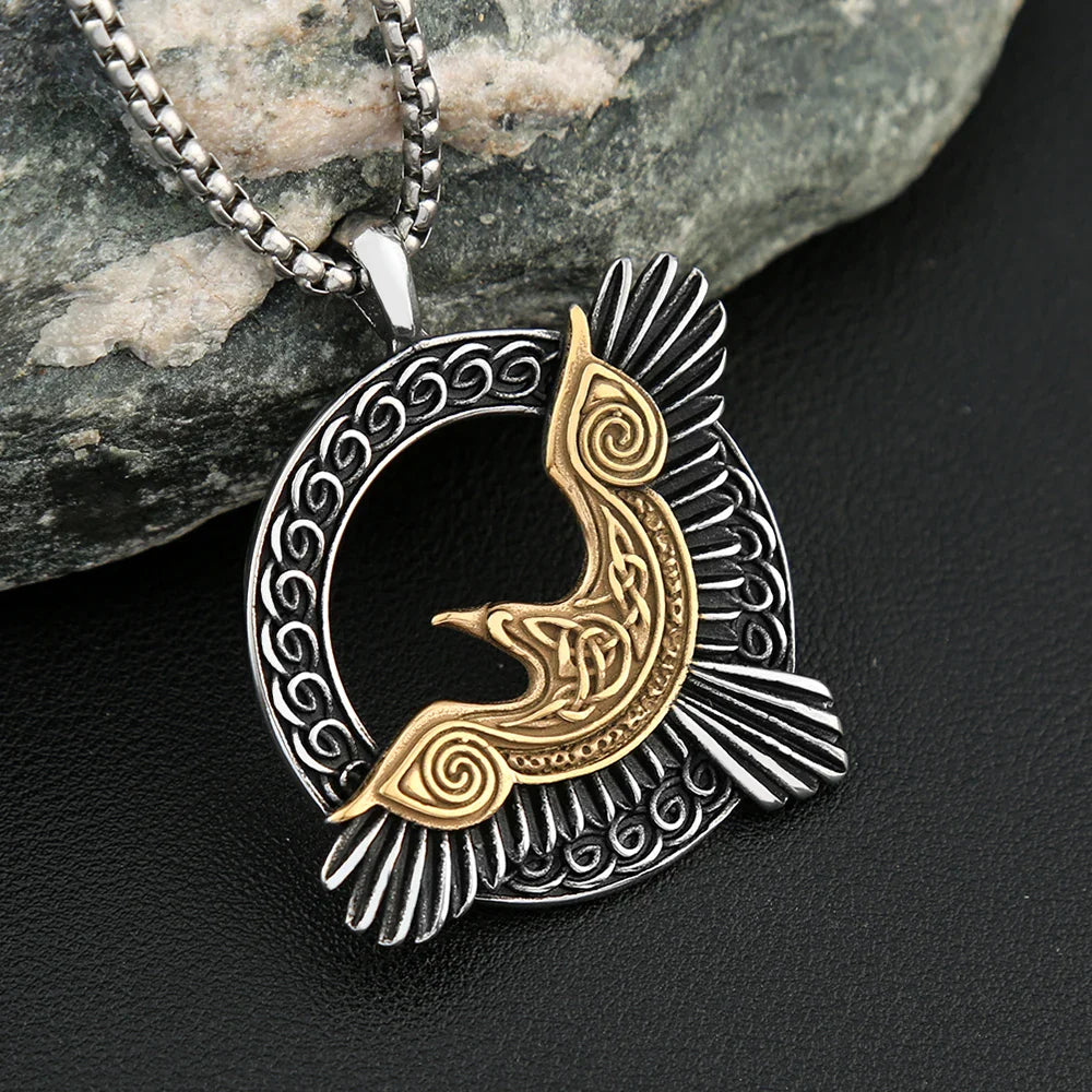 Norse Mythology Necklace Stainless Steel Viking Odin Raven Pendant