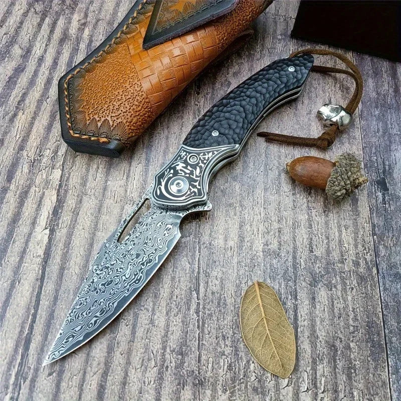 Folding Knife Damascus Steel Blade Ebony Handle