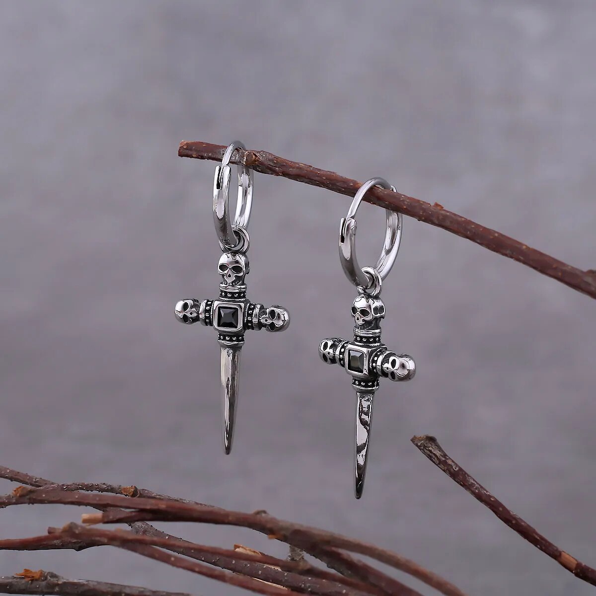 Diamond Cross Skull Viking Earrings