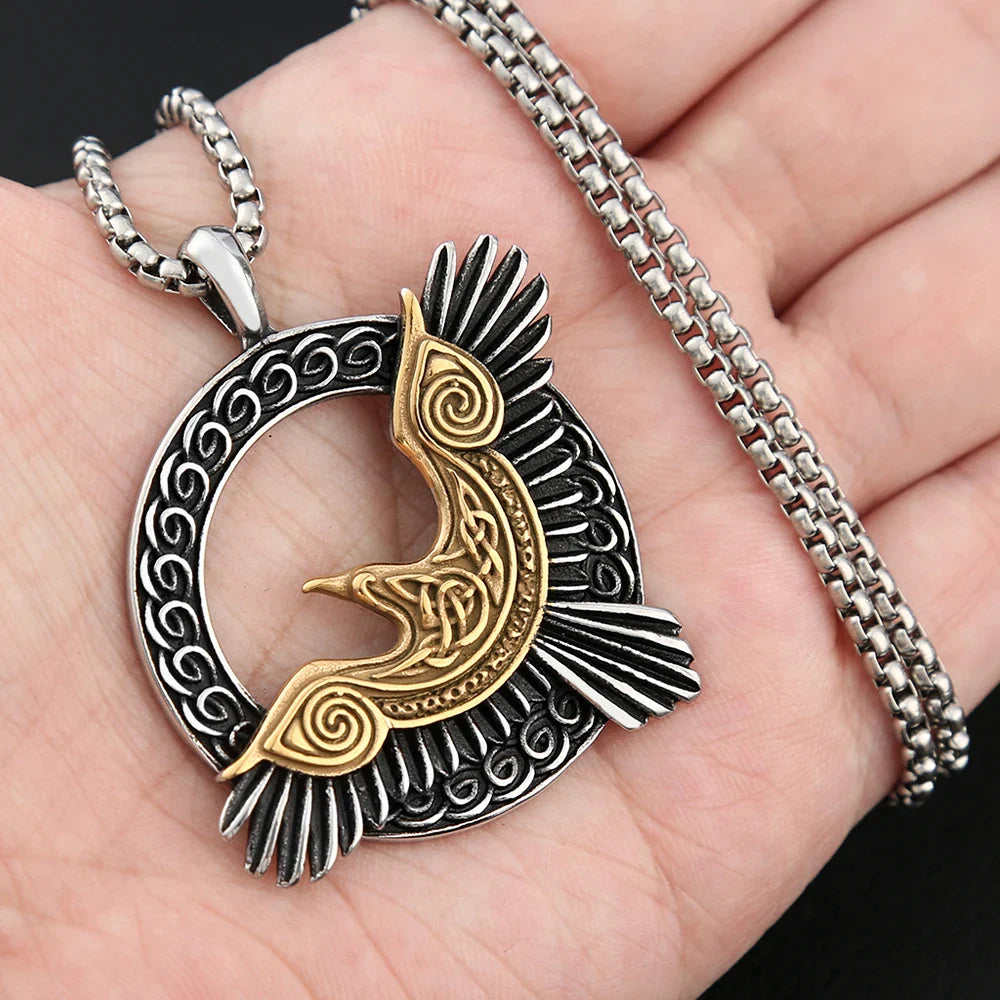 Norse Mythology Necklace Stainless Steel Viking Odin Raven Pendant