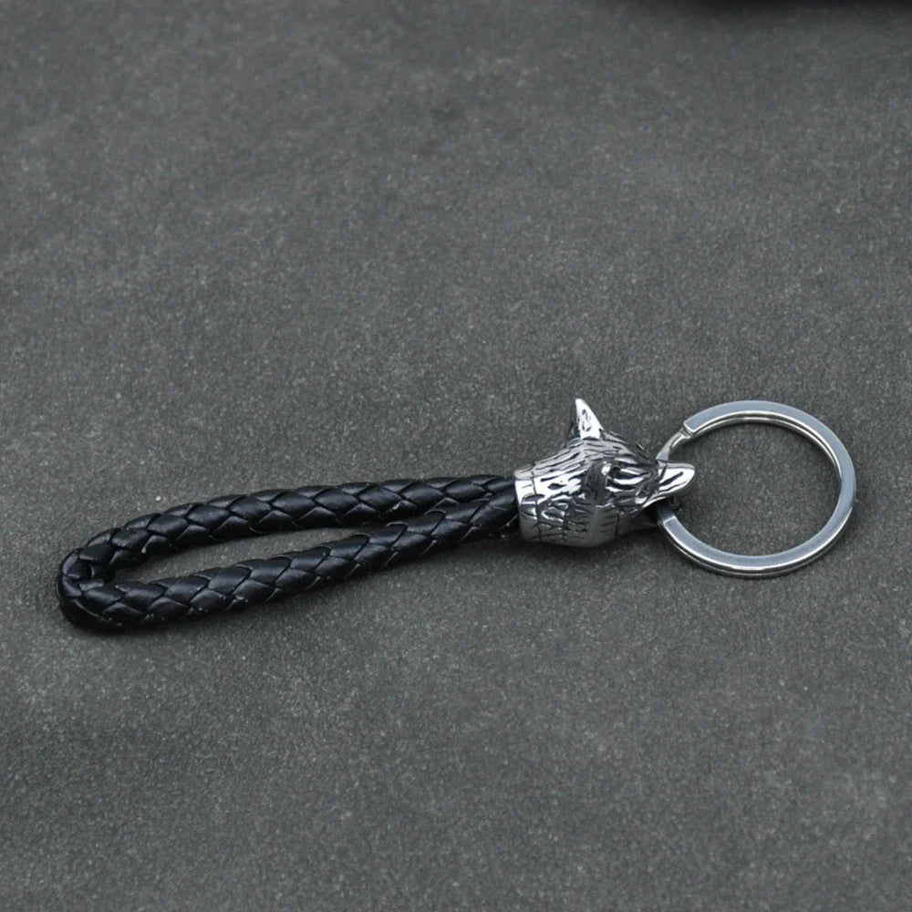 Stainless Steel Wolf Amulet Braided Leather Keychain Viking