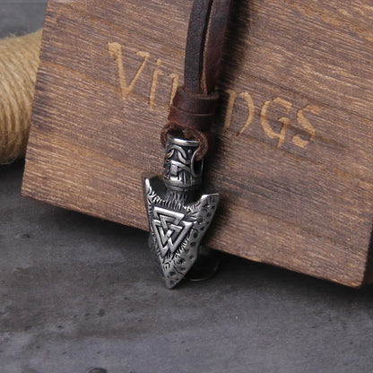 Valknut Viking Spear Pendant Necklace leather Chain Men with wooden box