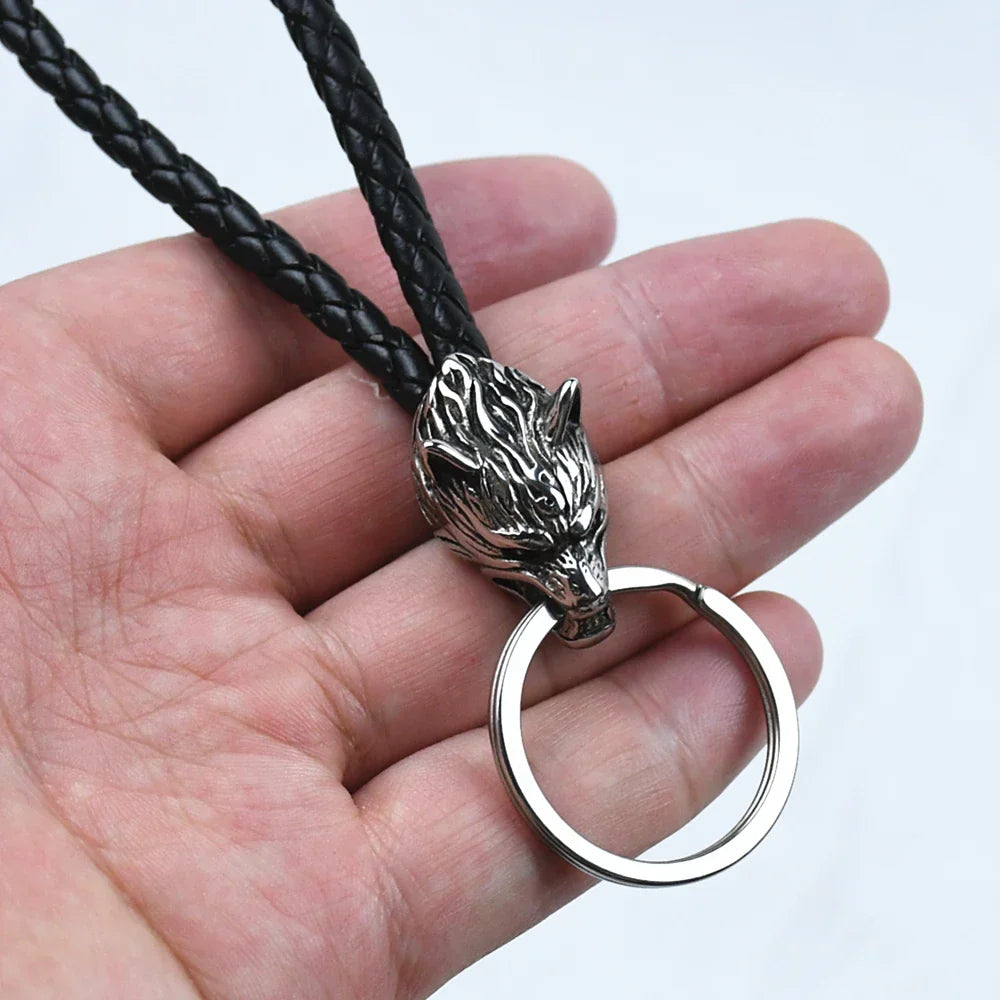 Stainless Steel Wolf Amulet Braided Leather Keychain Viking