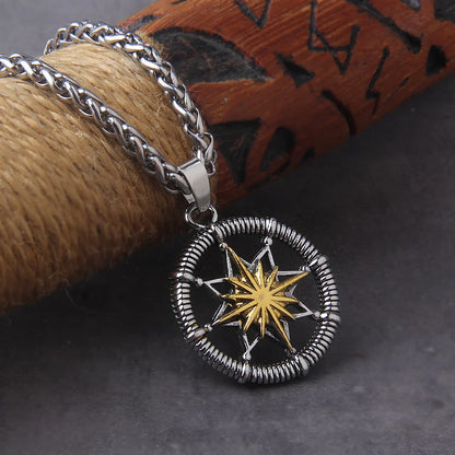 Silver Retro Fashion Twelve Point Star Round Brand Hexagram Sea Compass Viking Necklace