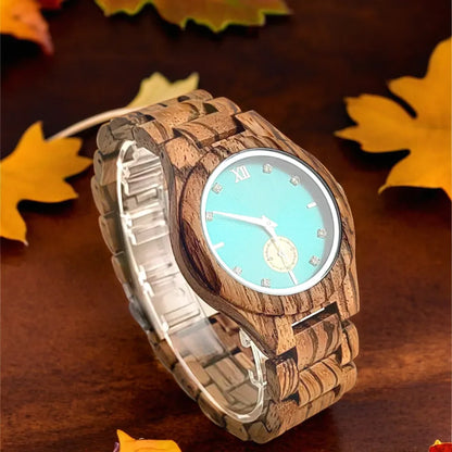 Women's Quartz Wrist Watch Wood Fashion Simulated Diamond Dial Wood Bracelet Viking Watch