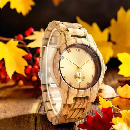 Fashion Simulated Diamond Dial Wood Bangle Timepiece Clock Women's Quartz Wristwatch Natural Wooden Bracelet Viking Watch