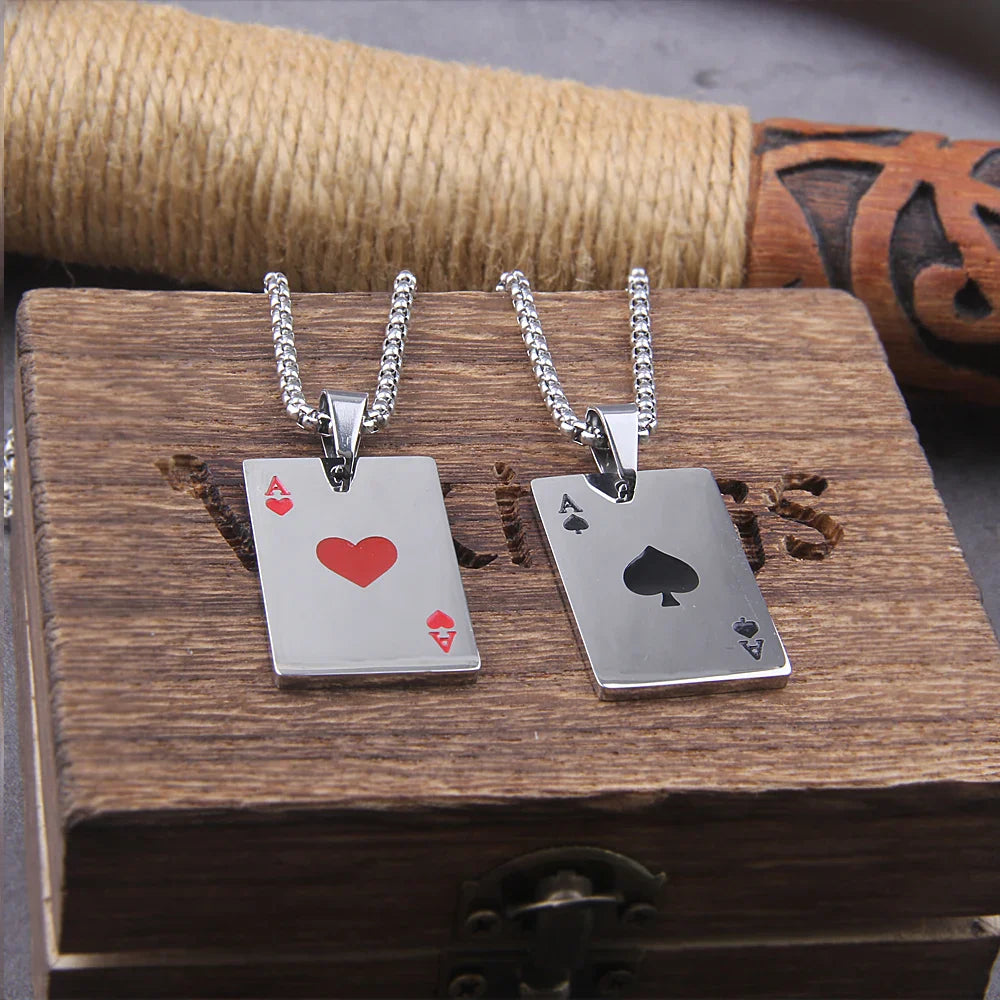 Hip Hop Statement Stainless Steel Poker Card Ace of Spades Viking Necklace