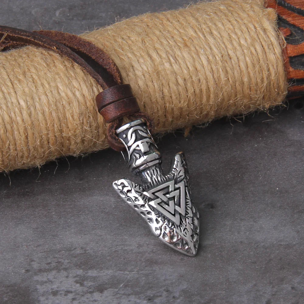 Valknut Viking Spear Pendant Necklace leather Chain Men with wooden box