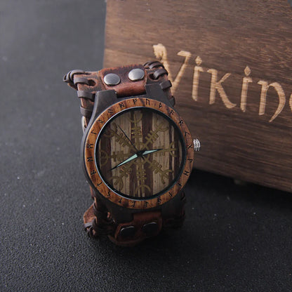 Handmade Woode Runic Circle Quartz Viking Watch