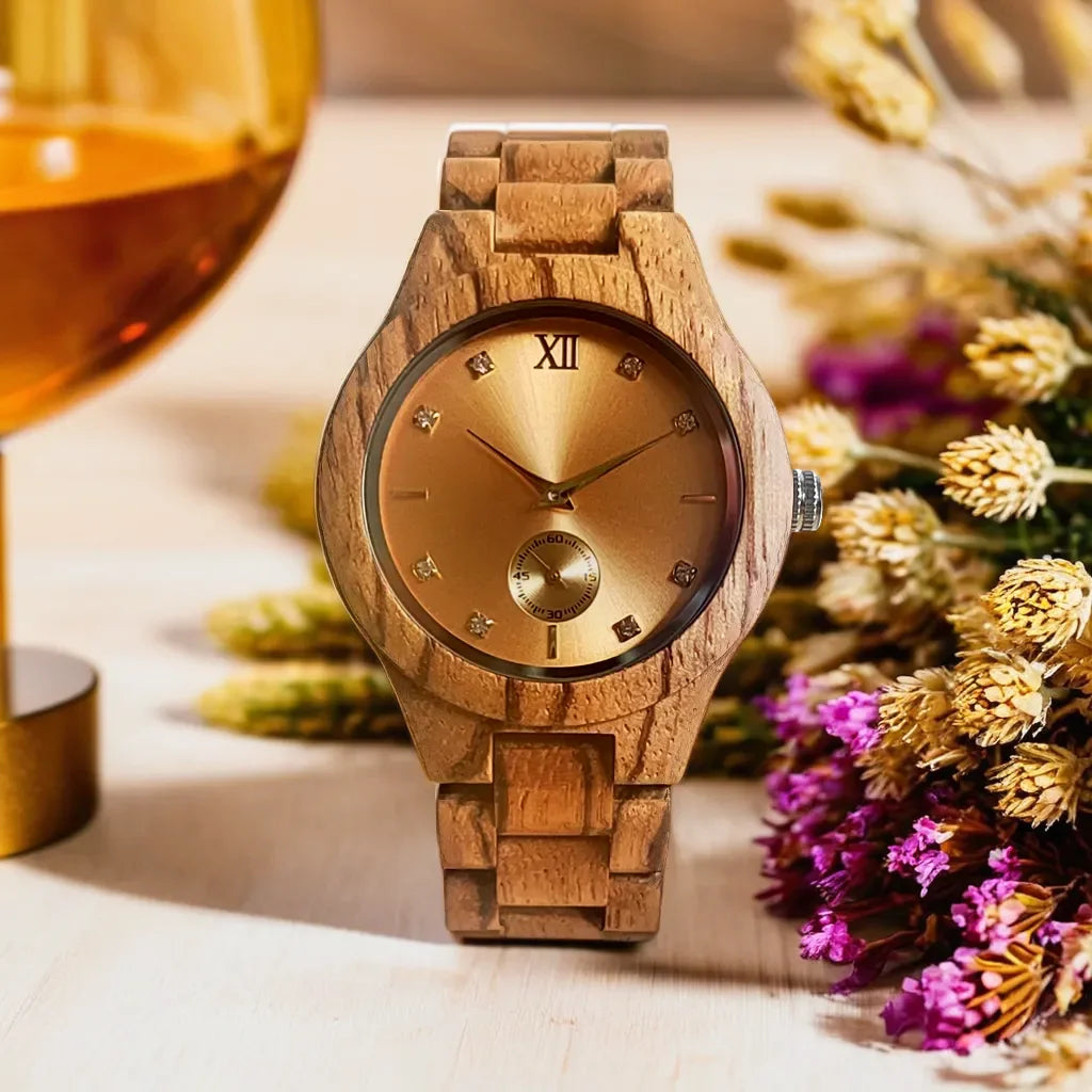 Women's Fashion Simulated Diamond Dia Clock Stylish simplicity Quartz Wooden Viking Watch