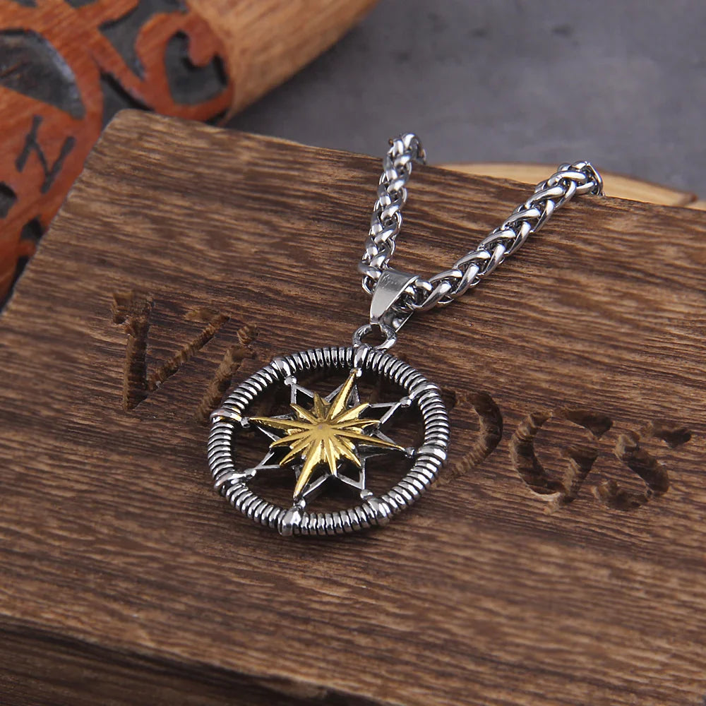 Silver Retro Fashion Twelve Point Star Round Brand Hexagram Sea Compass Viking Necklace