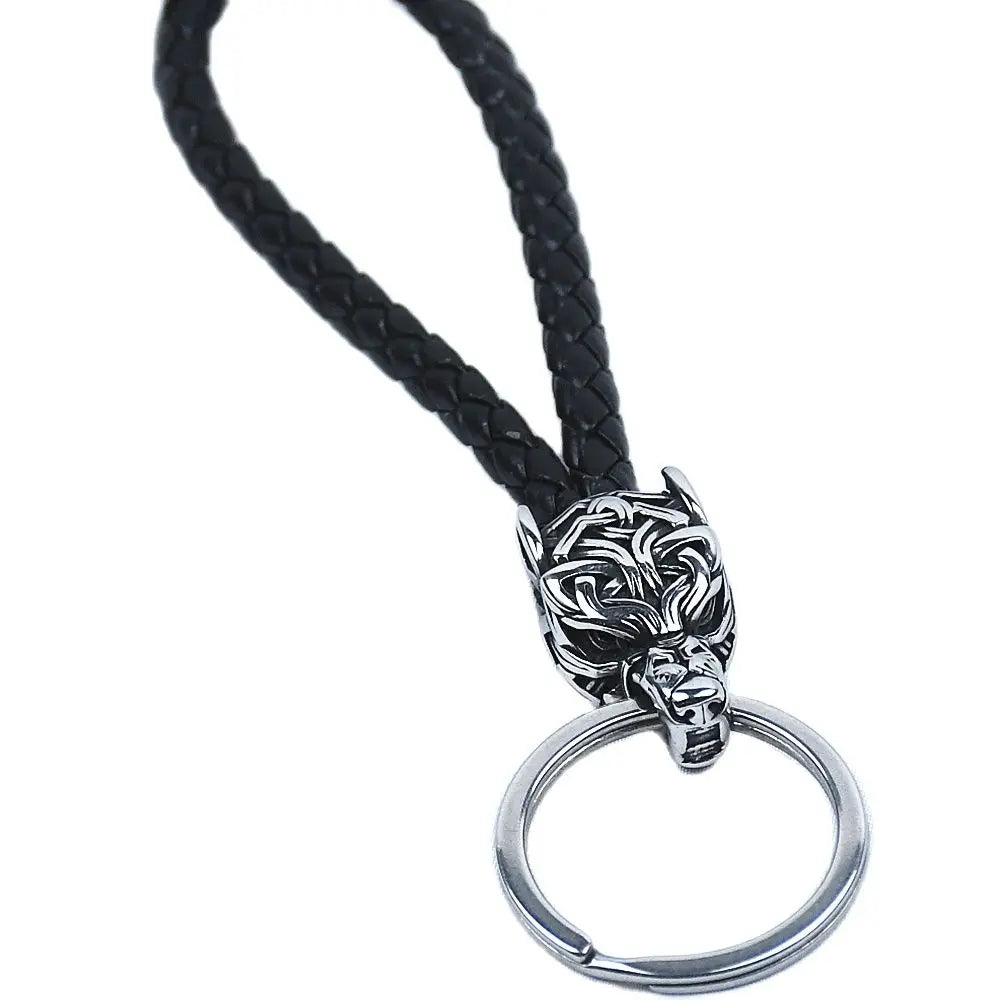 Vikings Wolf Head Stainless Steel Keyring Black leather