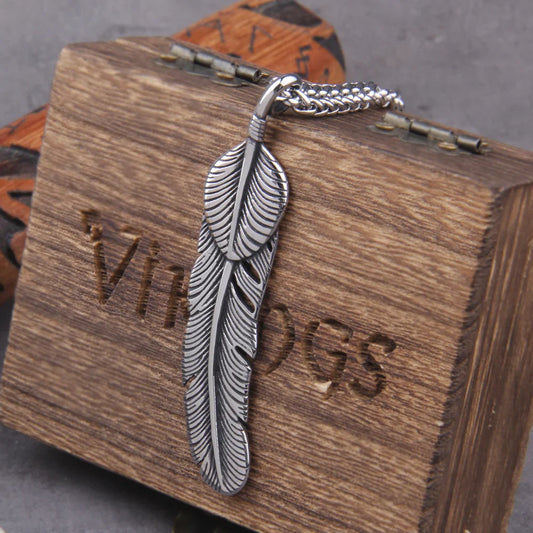 Antique Silver Color Big Feather Charms Viking Necklace