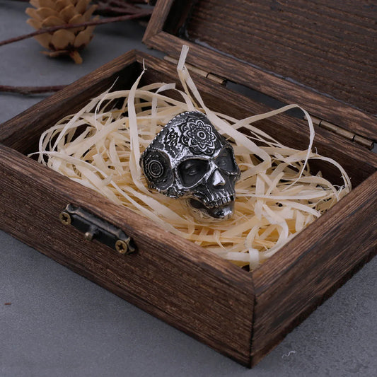 Gothic Retro Mandala Flower Viking Skull Ring