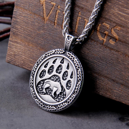 Never Fade Vintage Stainless Steel Norse Bear Paw And Head Animal Pendant Viking Necklace