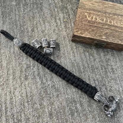 Norse Odin Goat Thor Hammer Mjolnir Runes Beads Paracord Viking Bracelet