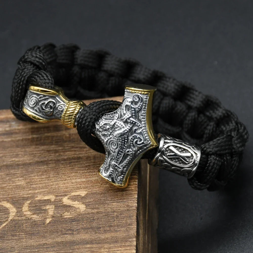 Stainless Steel Viking Thors Hammer Bracelets Paracord Nordic Mjolnir