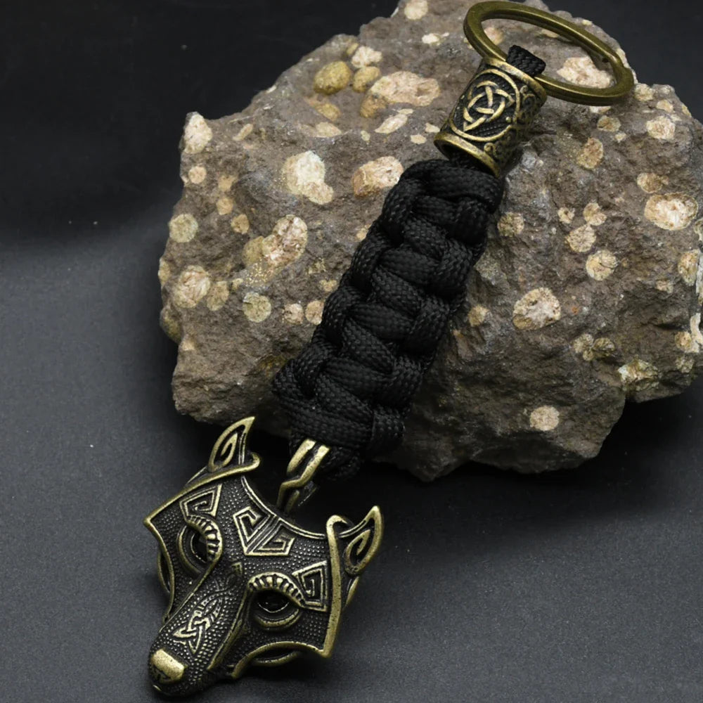 Nordic Wolf Head Keychain Rope Lanyard Vikings