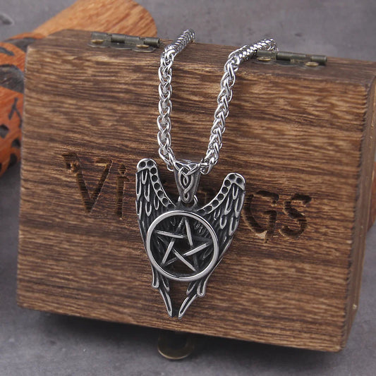 Pentacle Castiel Angel Wings Vintage Antique Silver Color Pendant Viking Necklace