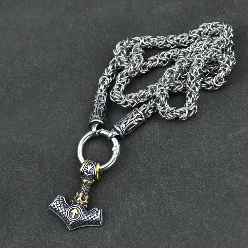 Viking amulet Jewelry Nordic viking rune with thor hammer pendant necklace  with stainless steel -king chain