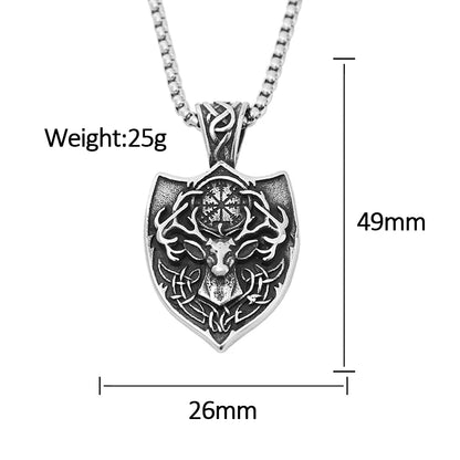 Nordic Deer Head Stainless Steel Viking Compass Necklace