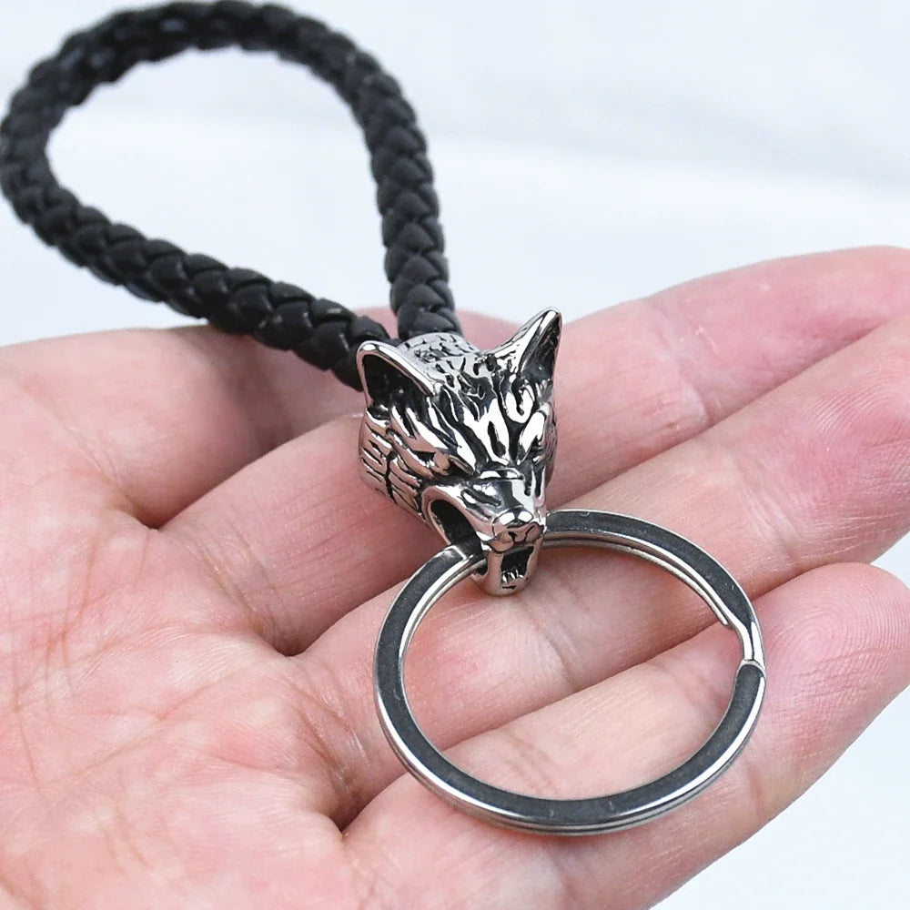 Vikings Wolf Head Stainless Steel Keyring Black leather