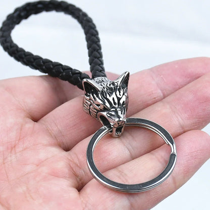 Stainless Steel Wolf Amulet Braided Leather Keychain Viking