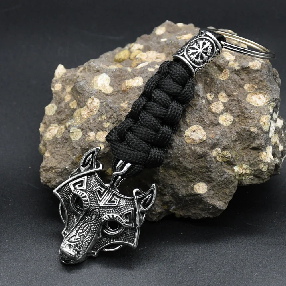 Nordic Wolf Head Keychain Rope Lanyard Vikings