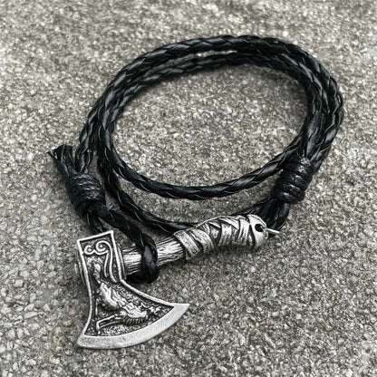 Viking Axe Charm Wolf Raven Amulet Slavic Kolovrat Norse Leather Braided Wrap Bracelet