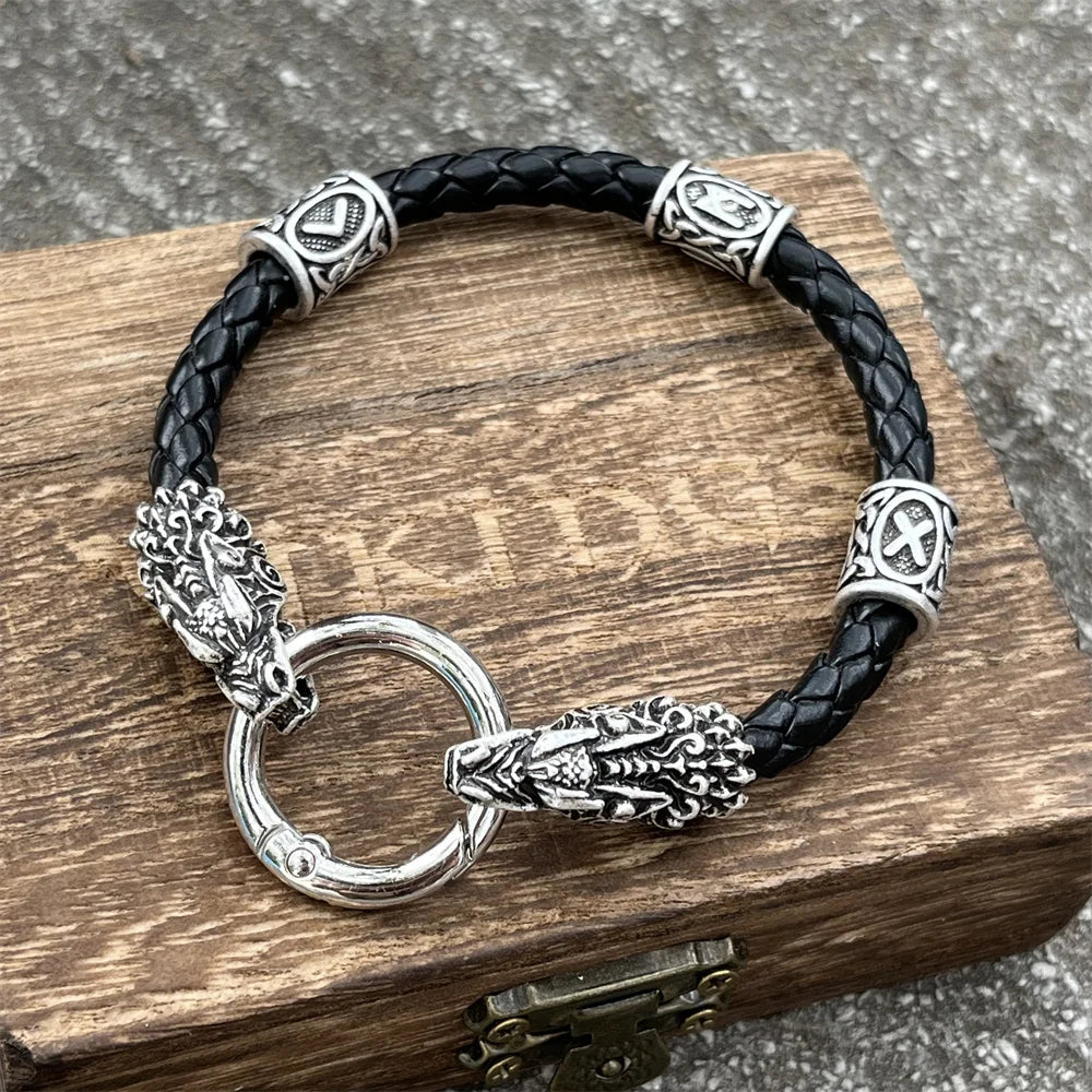 Viking Dragon Heads Nordic Runes Beads Leather Bracelet